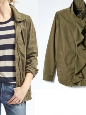 Banana Republic Olive Green Ruffle-Trim Utility Jacket